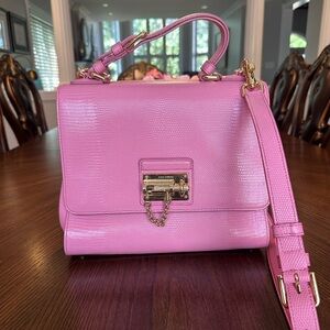 DOLCE GABBANA Lizard Calfskin Embossed Medium Monica Top Handle Bag Rosa Intenso